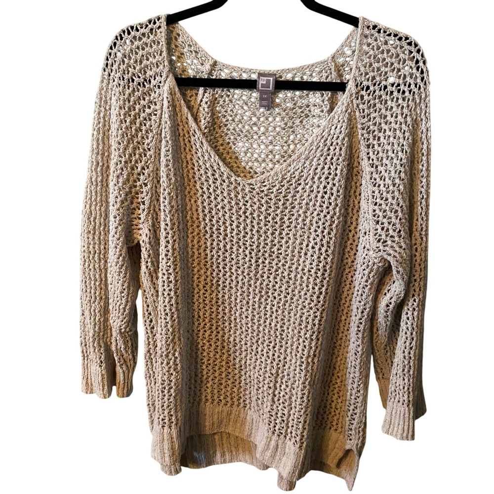 JCPenney Women's Beige Crochet Knit V Neck Sweater Lightweight Oversized Size XL